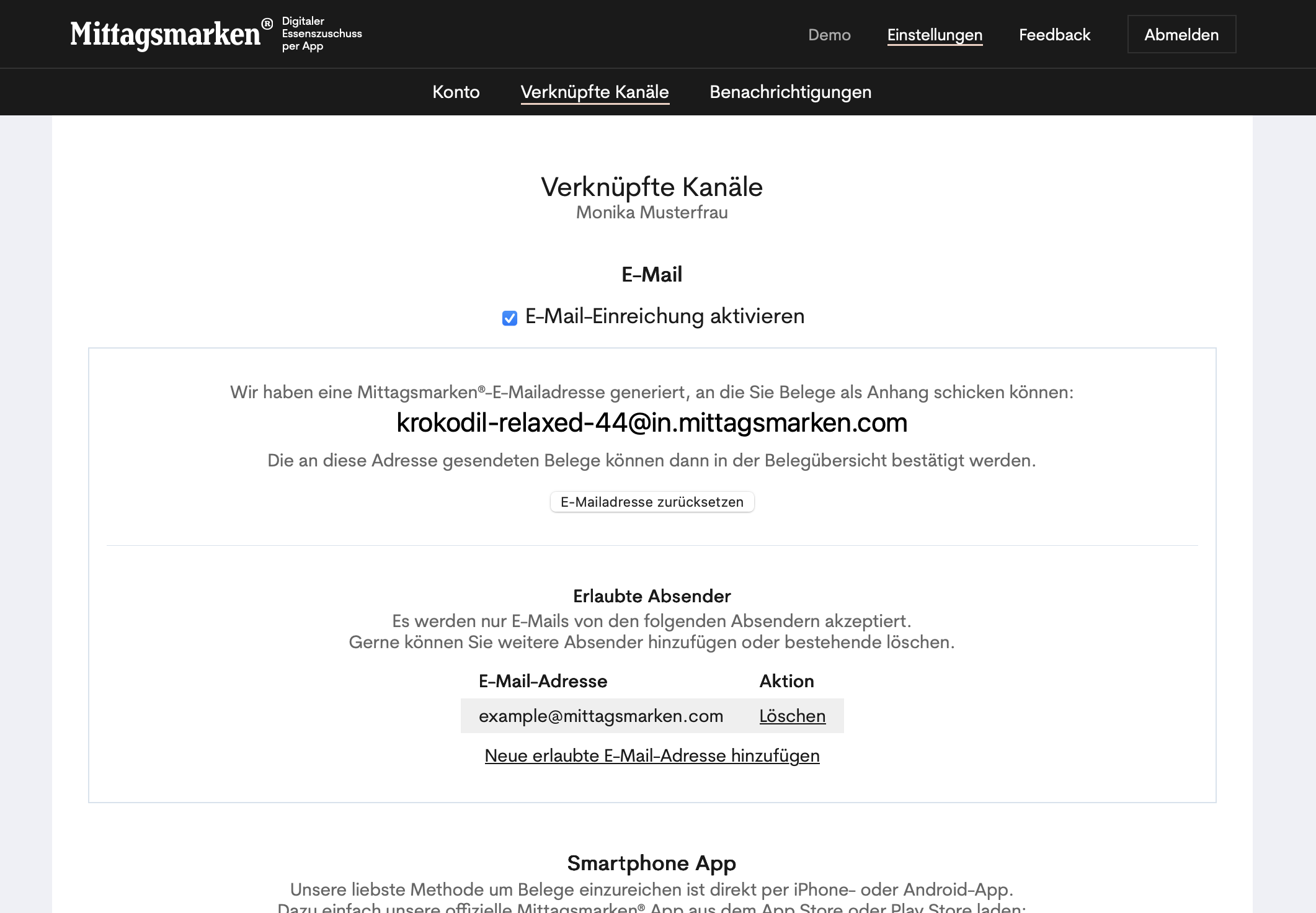 Einstellungen für die Essenszuschuss-E-Mail-Adresse