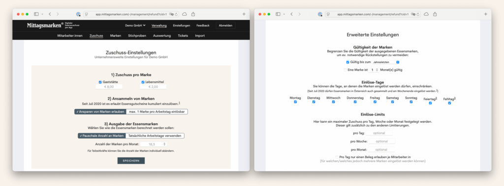 Essenszuschuss-Einstellungen für den Arbeitgeber
