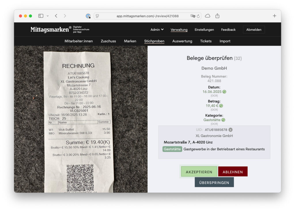 Belegkontrolle beim Essenszuschuss